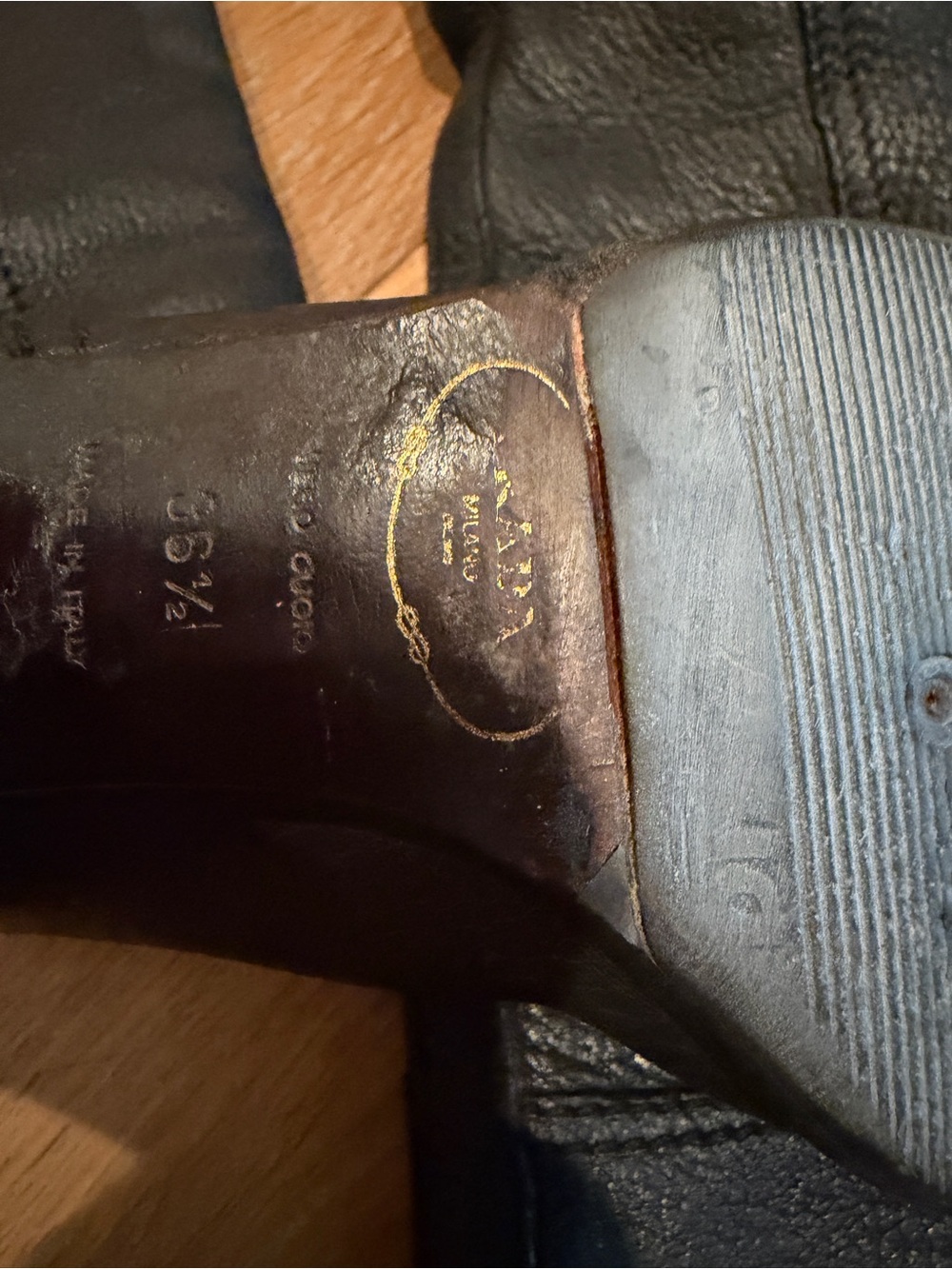 Prada Black Leather Knee-High Block Heel Boots with Gold Logo - Picture 10 of 11